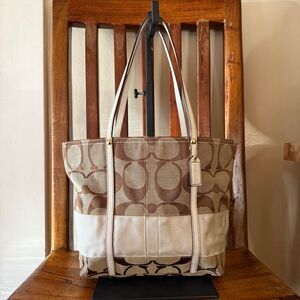 Coach Signature Stripe Tote 11098 Brown Khaki Canvas Leather Shoulder Bag Y2K